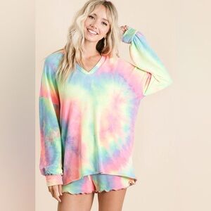 BiBi Tie Dye French Terry Top With Balloon Sleeves